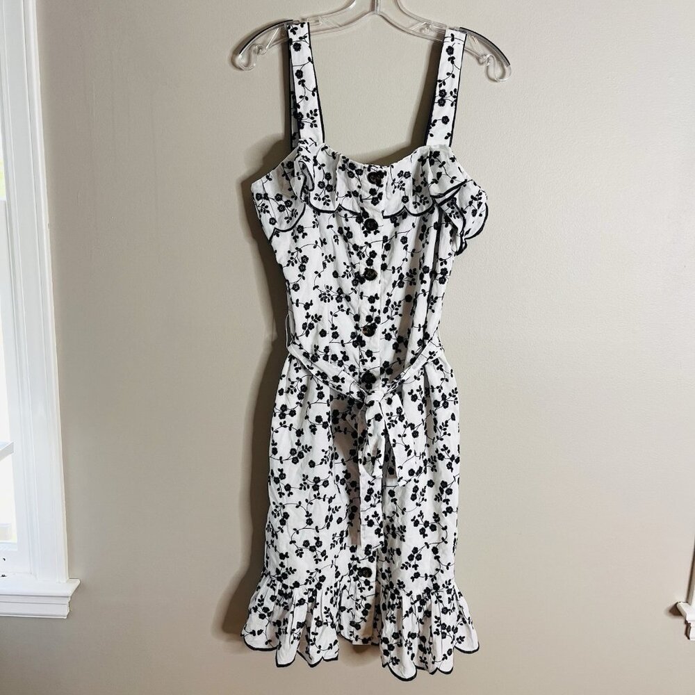 Ann Taylor Size Medium White Eyelet Navy Ruffle Dress Button Front - Picture 1 of 7